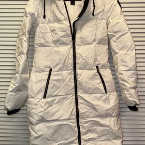 Pajar White Quilted Long Puffer Coat with Black Trim
